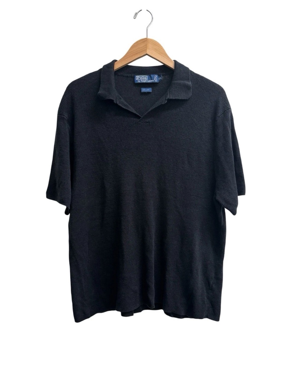 Polo Ralph Lauren Linen Knit Polo Shirt L Black Italian Yarn Short Sleeve Mesh